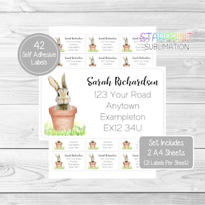 May include: A set of 42 self-adhesive labels featuring a cute bunny rabbit illustration. The labels are designed for addressing packages or envelopes. The labels include the text "Sarah Richardson, 123 Your Road, Anytown Exampleton EX12 34U".