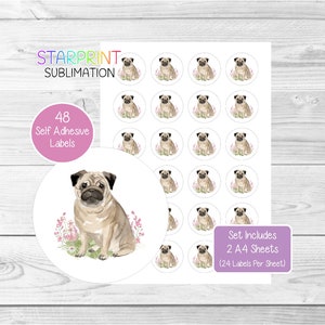 Mopshondstickers, 48 ronde etiketten (2 A4-vellen, 24 per vel), ideaal voor enveloppen/feestzakjes/gunsten/kaarten/cadeaus