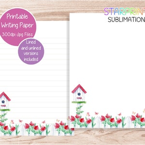 Papel para escribir imprimible con diseño de flores de jardín y pájaros, papel para notas con descarga digital, papel para cartas A5 o de EE. UU. con descarga instantánea, juego de papelería descargable