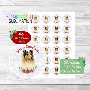 Adesivi natalizi per cani Rough Collie (Blue Merle)/sigilli per buste, 48 etichette rotonde (2 fogli A4, 24 per foglio) per sacchetti per feste/biglietti/regali