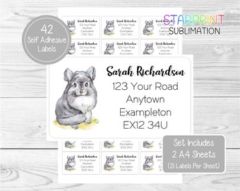 Chinchilla Personalised Return Address Labels, 42 Custom Self Adhesive Stickers - Fun Novelty Set Includes 2 A4 Sheets (21  per sheet)