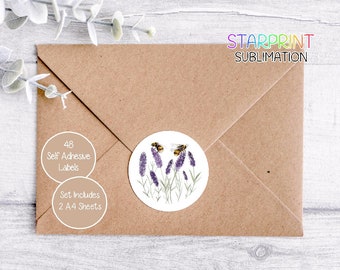 Bee/Bumblebee Lavender Stickers, 48 Round Labels (2 A4 Sheets, 24 Per Sheet), Great For Envelope Seals/Favours/Handmade Products/Gifts