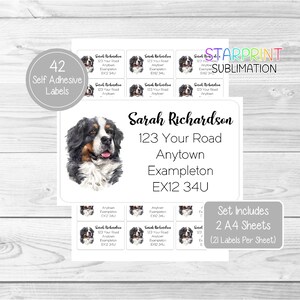 Bernese Mountain Dog Personalised Address Labels, 42 Self Adhesive Stickers - Set Includes 2 A4 Sticker Sheets (21 per sheet) - Design No.3