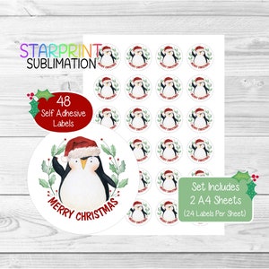 Pegatinas/Sellos para sobres navideños de pingüino, 48 etiquetas redondas (2 hojas A4, 24 por hoja), ideales para tarjetas, regalos y etiquetado de productos.