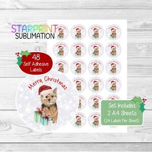 Pegatinas navideñas/sellos para sobres de perro Norwich Terrier, 48 etiquetas redondas (2 hojas A4, 24 por hoja) para bolsas de fiesta, tarjetas y regalos.