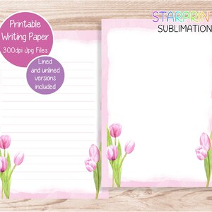 Papel para escribir imprimible con tulipanes y flores de primavera, papel para notas de descarga digital, papel para cartas de EE. UU., tamaño A5, descarga instantánea, juego de papelería descargable
