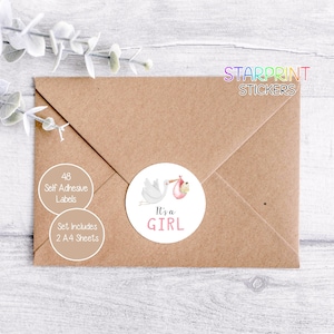 It&#39;s a Girl Baby Stickers, 48 Round Labels (2 A4 Sheets, 24 Per Sheet), Great For Envelope Seals/Products/Favours/Cards/Gifts Presents
