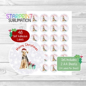 Pegatinas navideñas/sellos para sobres de Welsh Terrier, 48 etiquetas redondas (2 hojas A4, 24 por hoja) para bolsas de fiesta, tarjetas y regalos.
