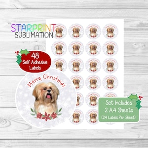 Pegatinas/Sellos para sobres navideños de Lhasa Apso, 48 etiquetas adhesivas redondas (2 hojas A4, 24 por hoja), para bolsas de fiesta, tarjetas y regalos.