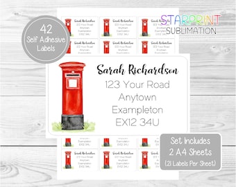 Post Box Personalised Return Address Labels, 42 Custom Self Adhesive Stickers, Set Includes 2 A4 Sheets (21 per sheet)