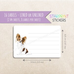 Etiquetas para perros Papillon, 16 pegatinas multiusos en blanco o con líneas (2 hojas A4), etiquetas para dirección de entrega/devolución/producto, envío de regalos