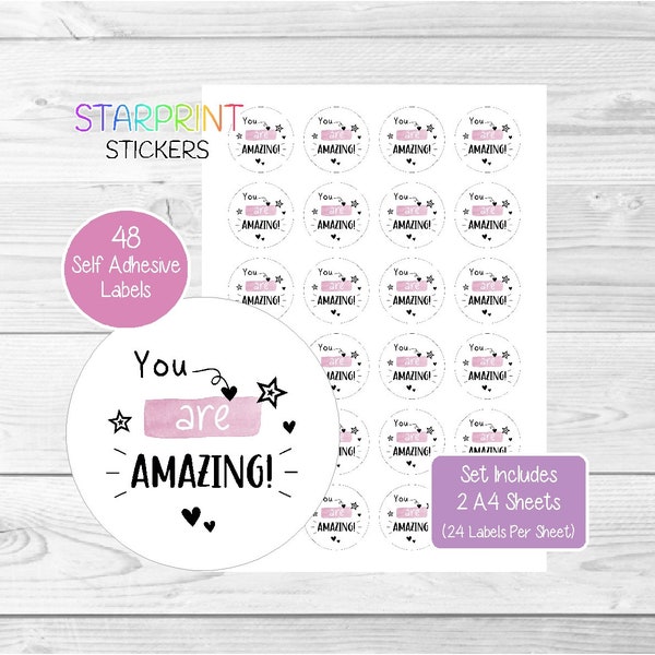 You Are Amazing Stickers, 48 Round Labels, Positive/Encouragement/Appreciation/Small Business Happy Post/Happy Mail Envelope Seals Presents