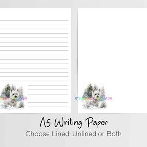 West Highland White Terrer A5 carta da lettere, 10 fogli di carta per appunti a righe/senza righe, cancelleria Penpal, set per scrivere lettere, Westie Xmas Snow