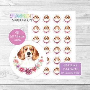 Pegatinas de perro beagle, 48 etiquetas redondas (2 hojas A4, 24 por hoja), ideales para sellar sobres, bolsas de fiesta, recuerdos, tarjetas y regalos.