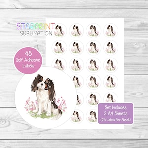 Pegatinas de Cavalier King Charles Spaniel (tricolor), 48 etiquetas redondas (2 hojas A4, 24 por hoja), para sellos de sobres, bolsas de fiesta, regalos y tarjetas