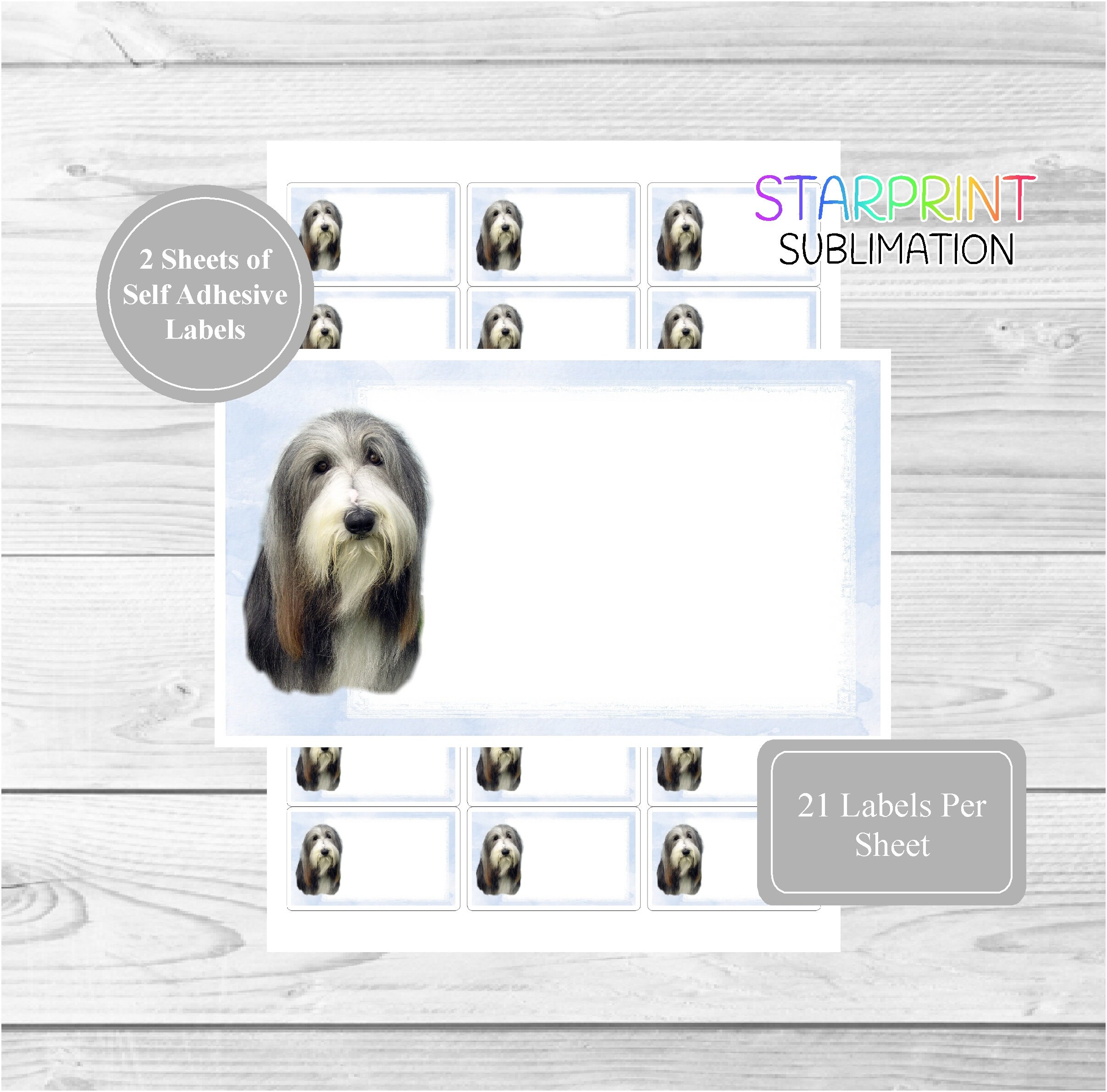 Bearded Collie Dog Sticker Sheets, 42 Self Adhesive Multi Purpose Stickers/Sticky Labels (21 Per Sheet), Blank For Address Labels/Gift Tags