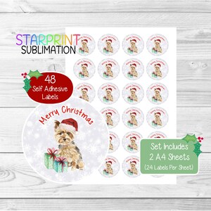 Pegatinas navideñas de Yorkshire Terrier/Yorkie Dog, 48 etiquetas redondas (2 hojas A4, 24 por hoja) para bolsas de fiesta, tarjetas y regalos.