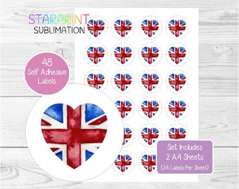 Union Jack Stickers, 48 Round UK Flag Labels (2 A4 Sheets, 24 Per Sheet), Great For Happy Mail Envelope Seals/Party Bags/Favours/Cards/Gifts