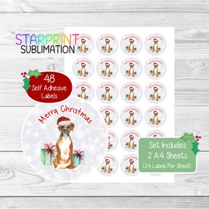 Pegatinas navideñas/sellos para sobres de perro bóxer, 48 etiquetas redondas (2 hojas A4, 24 por hoja), para bolsas de fiesta, tarjetas y regalos.