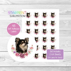 Pegatinas para perros de chihuahua (pelo largo), 48 etiquetas redondas (2 hojas A4, 24 por hoja), ideales para sellar sobres, bolsas de fiesta, regalos, tarjetas, etc., n.º 2