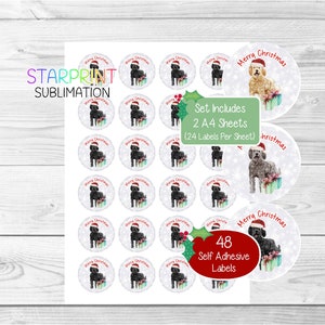 Autocollants Labradoodle (noir/gris ou jaune), 48 étiquettes rondes (2 feuilles A4, 24 par feuille), amusants pour les scellés pour enveloppes/sacs de fête/faveurs/cartes/cadeaux