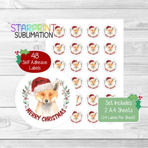 Pegatinas/Sellos para sobres navideños de zorro, 48 etiquetas redondas (2 hojas A4, 24 por hoja), ideales para tarjetas, regalos y etiquetado de productos.