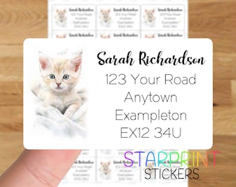 Kitten Personalised Address Labels, 21 Custom Self Adhesive Stickers - A4 Sticker Sheet (21 labels per sheet) Watercolour Present Cat