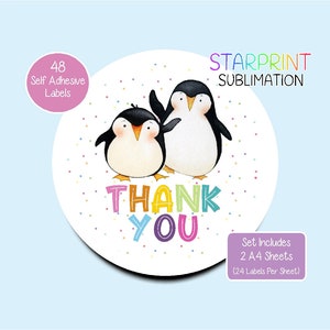 ペンギンのサンキューステッカー、丸型ラベル48枚（A4シート2枚、シートあたり24枚）、お子様のパーティーバッグ/記念品/封筒シール/スイートコーンに最適