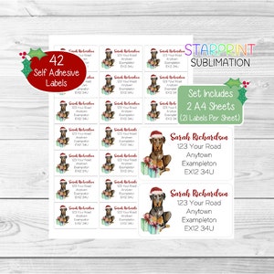 Dobermann (zwart en bruin/bruin) gepersonaliseerde kerstadreslabels, 42 zelfklevende stickers (2 A4-vellen, 21 labels per vel)