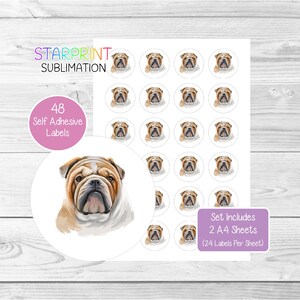 May include: A set of 48 self-adhesive labels featuring a watercolor illustration of a bulldog's face. The labels are printed on two A4 sheets, with 24 labels per sheet.  STARPRINT SUBLIMATION.