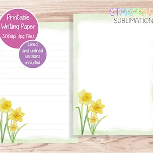 Papel para escribir imprimible con narcisos y flores de primavera, papel para notas de descarga digital, papel para cartas de EE. UU., tamaño A5, descarga instantánea, juego de papelería descargable