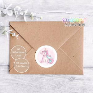 Stickers licorne, 48 étiquettes rondes (2 feuilles A4, 24 par feuille), parfaits pour coller des enveloppes/cadeaux/sacs de fête/cartes/cadeau d'anniversaire/de Noël