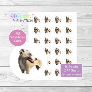 Pegatinas de perro whippet, 48 etiquetas redondas (2 hojas A4, 24 por hoja), ideales para sellar sobres, bolsas de fiesta, regalos, tarjetas y regalos.