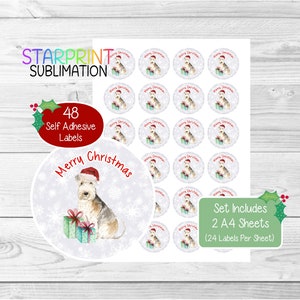 Pegatinas navideñas/sellos para sobres de Lakeland Terrier, 48 etiquetas redondas (2 hojas A4, 24 por hoja) para bolsas de fiesta, tarjetas y regalos.