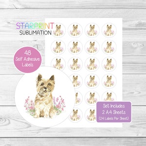 Pegatinas de perro Cairn Terrier, 48 etiquetas redondas (2 hojas A4, 24 por hoja), ideales para sellar sobres, bolsas de fiesta, recuerdos, tarjetas y regalos.