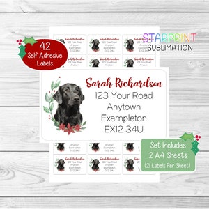 Gepersonaliseerde kerstadreslabels flatcoated retriever, 42 zelfklevende flatcoat-stickers, inclusief 2 A4-vellen (21 per vel)