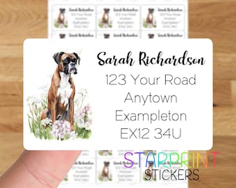 Boxer Dog Personalised Address Labels, 21 Custom Self Adhesive Stickers - A4 Sticker Sheet (21 labels per sheet) Watercolour