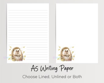 Hedgehog A5 Writing Paper, 10 Sheets with/without Envelopes, Lined/Unlined, Woodland Animal Note Paper, Penpal Stationery/Letter Writing Set