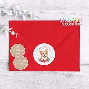 Pegatinas navideñas para perros Pembroke Welsh Corgi, sellos para sobres, 48 etiquetas adhesivas redondas (2 hojas A4, 24 por hoja), para bolsas de fiesta, tarjetas y regalos