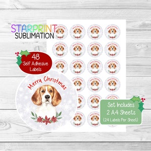Pegatinas navideñas para perros Beagle/sellos para sobres, 48 etiquetas redondas (2 hojas A4, 24 por hoja), para bolsas de fiesta/tarjetas/regalos