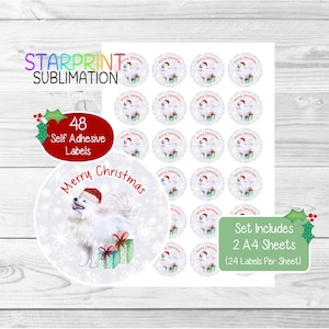Pegatinas navideñas/sellos para sobres de perro samoyedo, 48 etiquetas redondas (2 hojas A4, 24 por hoja) para bolsas de fiesta, tarjetas y regalos.