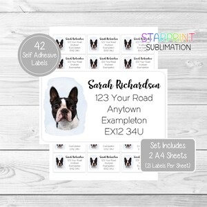 Boston Terrier Dog Personalised Address Labels, 42 Self Adhesive Stickers - Set Includes 2 A4 Sticker Sheets (21 per sheet) - Design No. 2