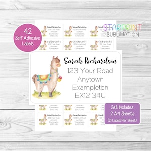 Etiquetas de dirección de alpaca, 42 pegatinas de devolución personalizadas, juego divertido que incluye 2 hojas A4 (21 por hoja) - Personalizadas con cualquier texto Presentes Presente
