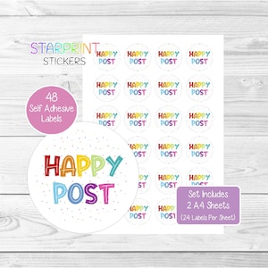 Naklejki Happy Post/Happy Mail, 48 okrągłych etykiet w kropki tęczowe (2 arkusze A4), zabawne naklejki na opakowania małych firm/pieczęcie na koperty