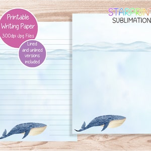 Papel de carta imprimível Whale/papel de nota para download digital/download instantâneo A5/papel de carta dos EUA/conjunto de papelaria para download/presente