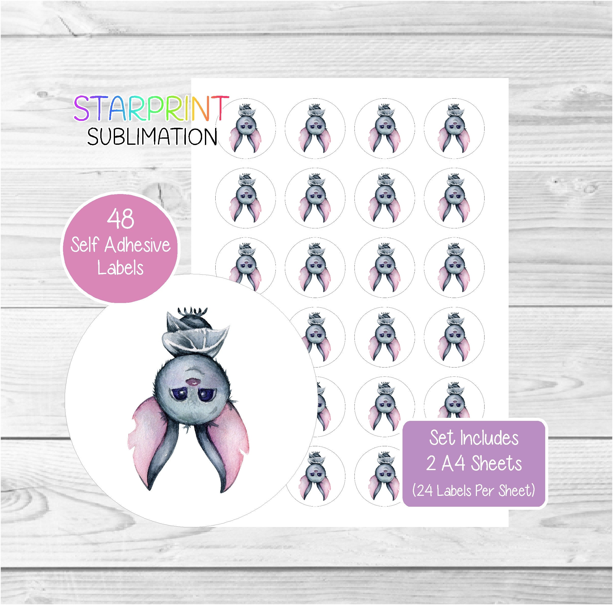 Bat Stickers, 48 Round Labels (2 A4 Sheets, 24 per Sheet), Great for ...