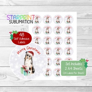 Pegatinas/sellos navideños de pastor australiano, 48 etiquetas redondas (2 hojas A4, 24 por hoja), para bolsas de fiesta, tarjetas y regalos.
