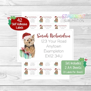 Gepersonaliseerde kerstretouradreslabels Norwich Terrier, 42 zelfklevende stickers, inclusief 2 A4-stickervellen (21 per vel)