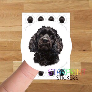 May include: A round sticker featuring a detailed illustration of a black dog with long, curly fur and a serious expression. The sticker has a white background with smaller dog head illustrations around the main image. The text "STARPRINT STICKERS" is visible.