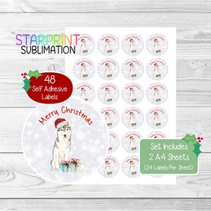 Pegatinas navideñas/sellos para sobres de perro husky siberiano, 48 etiquetas redondas (2 hojas A4, 24 por hoja) para bolsas de fiesta, tarjetas y regalos.